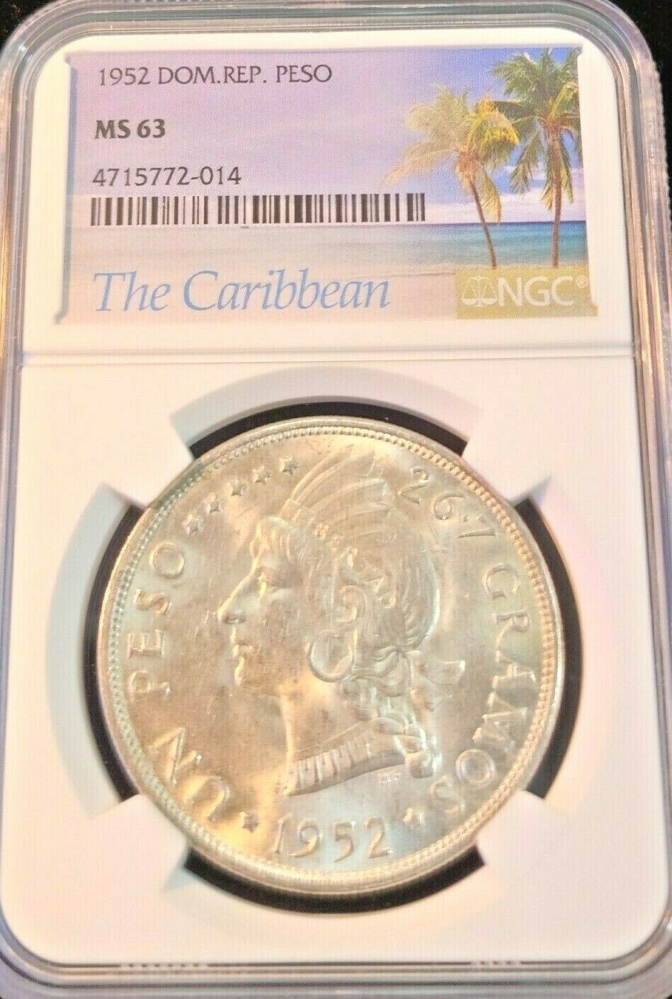 1952 DOMINICAN REPUBLIC SILVER 1 PESO NATIVE PRINCESS NGC MS 63 SCARCE BEAUTY - Fresh Stock Dated December 2025