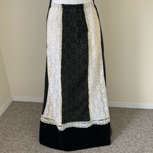 1970s Gunne Sax style Maxi Panel Skirt Lace Boho Hippy Black White Long Prairie - Fresh Stock Dated February 2026