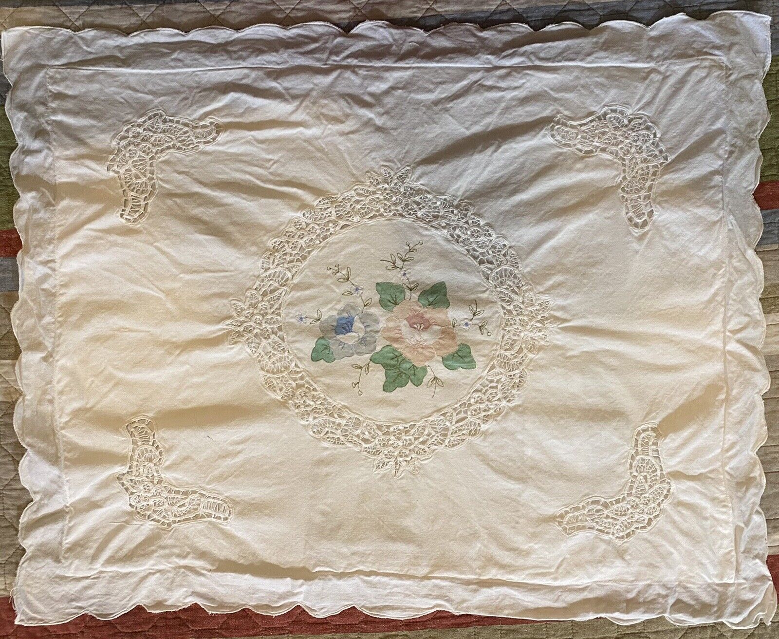 Set Of  2 Vintage Standard Pillow Sham White Cut Out Applique Cotton Lace Button - Fresh Stock Dated February 2026