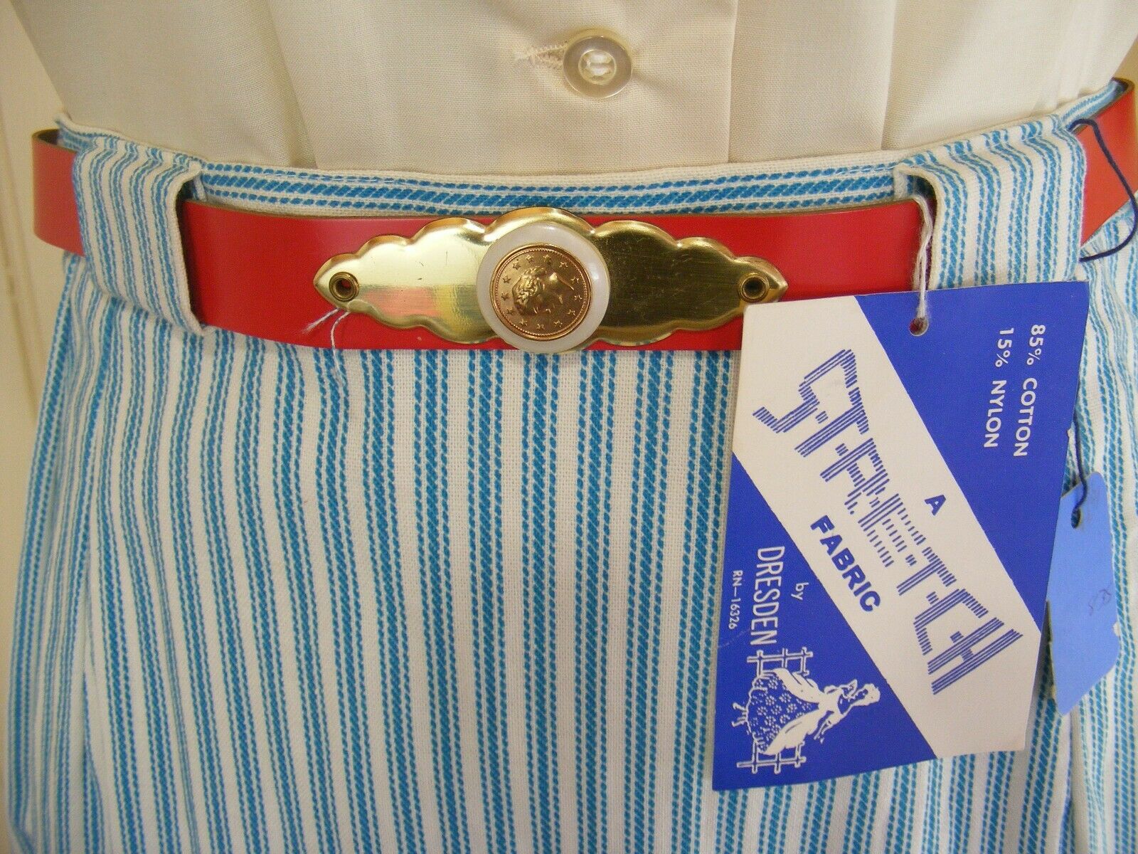 1960s SKIRT STRIPED DENIM TURQUOISE WHITE COTTONNYLON STRETCH DEADSTOCK 29