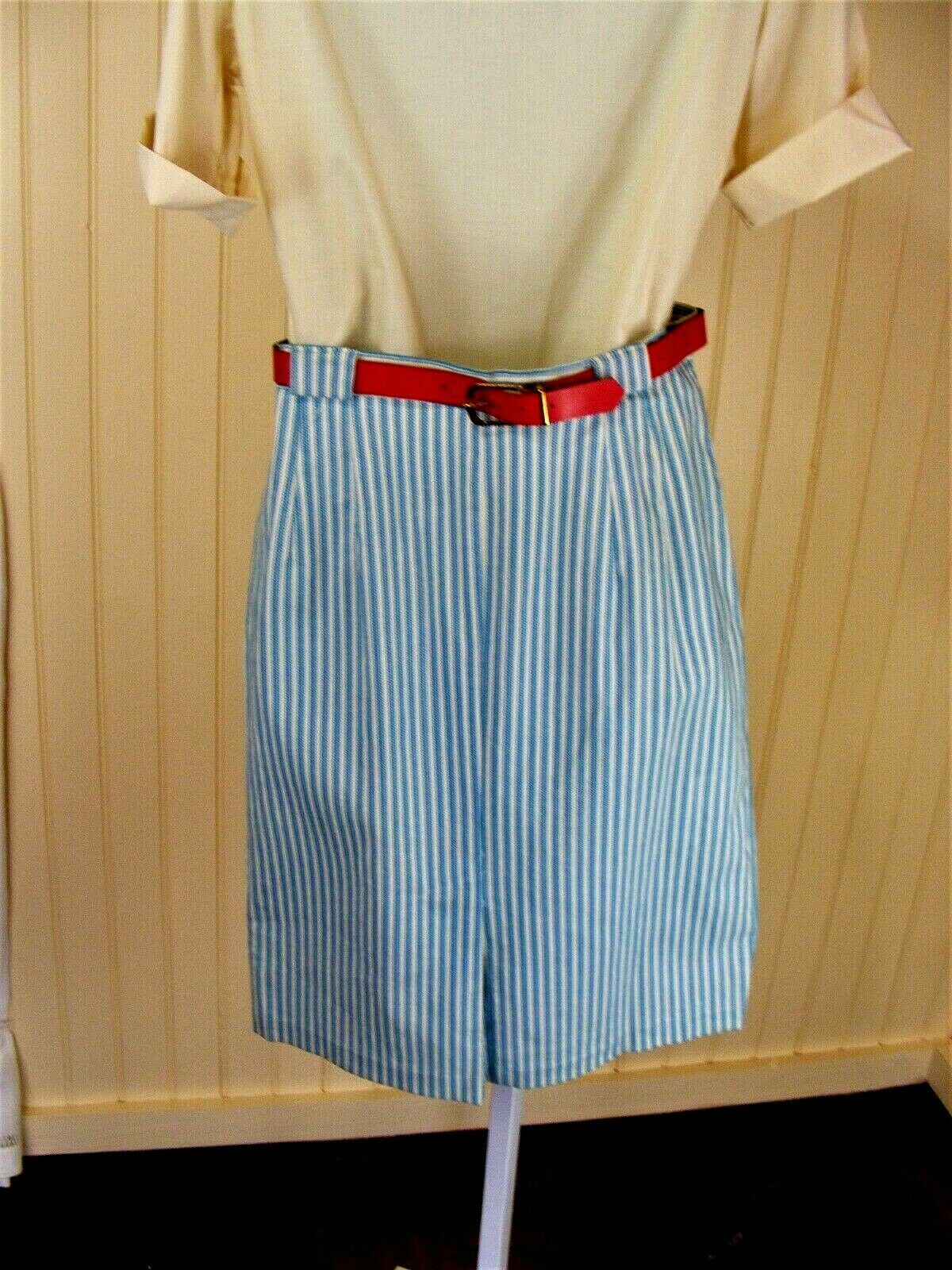 1960s SKIRT STRIPED DENIM TURQUOISE WHITE COTTONNYLON STRETCH DEADSTOCK 29