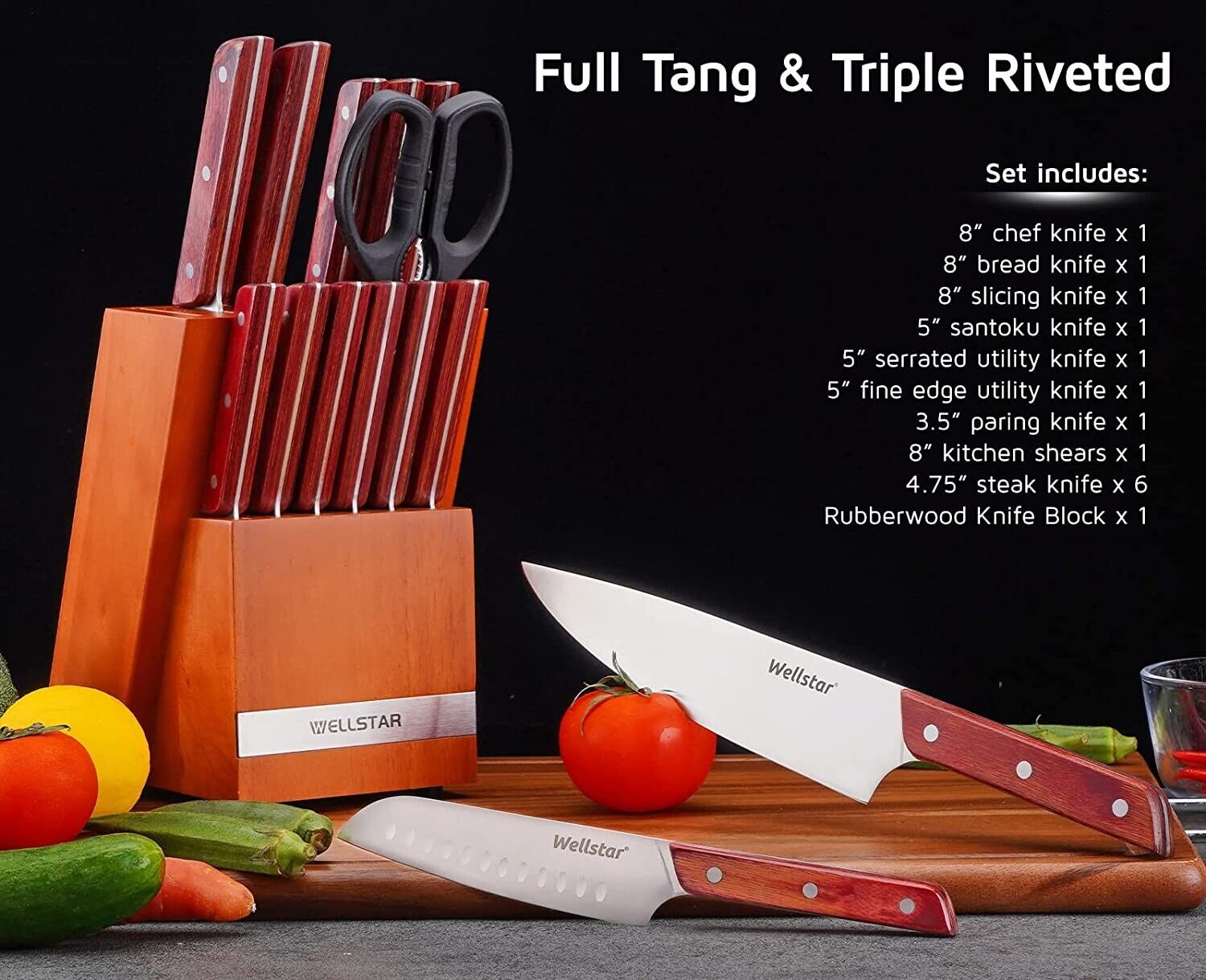 Knife Set, 15-Piece Kitchen Knife Set with Block Wooden German Stainless Steel - Fresh Stock Dated February 2026