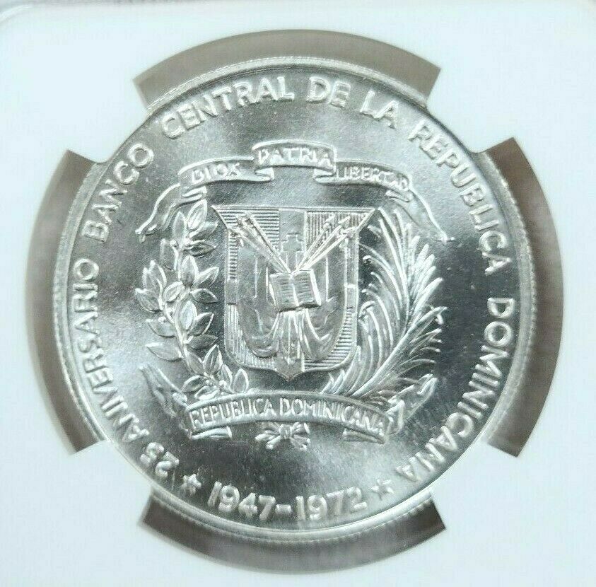 1972 DOMINICAN REPUBLIC SILVER 1 PESO CENTRAL BANK ANNIVERSARY NGC MS 67 TOP POP - Fresh Stock Dated February 2026