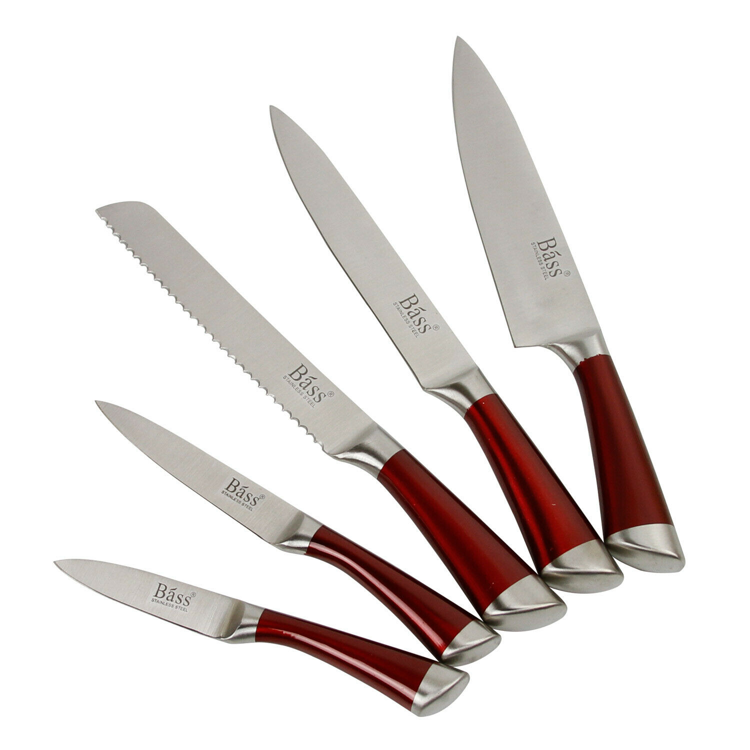 Evelyne 5 pcs Chef Cutlery Stainless Steel Kitchen Knife Block Set Red Handle - Fresh Stock Dated December 2025