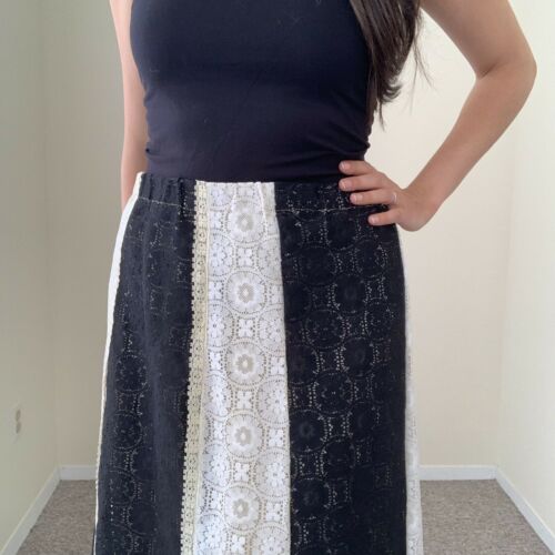 1970s Gunne Sax style Maxi Panel Skirt Lace Boho Hippy Black White Long Prairie - Fresh Stock Dated February 2026