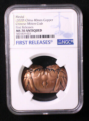 Pair NGC MS70 Antiqued China 40x23mm Brass & Copper Medals - Chinese Mitten Crab - Fresh Stock Dated February 2026