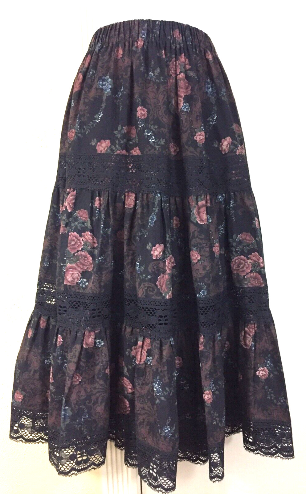 Vintage Small Med Large Hippie Boho Prairie Western Floral Black Tier Lace Skirt - Fresh Stock Dated March 2026