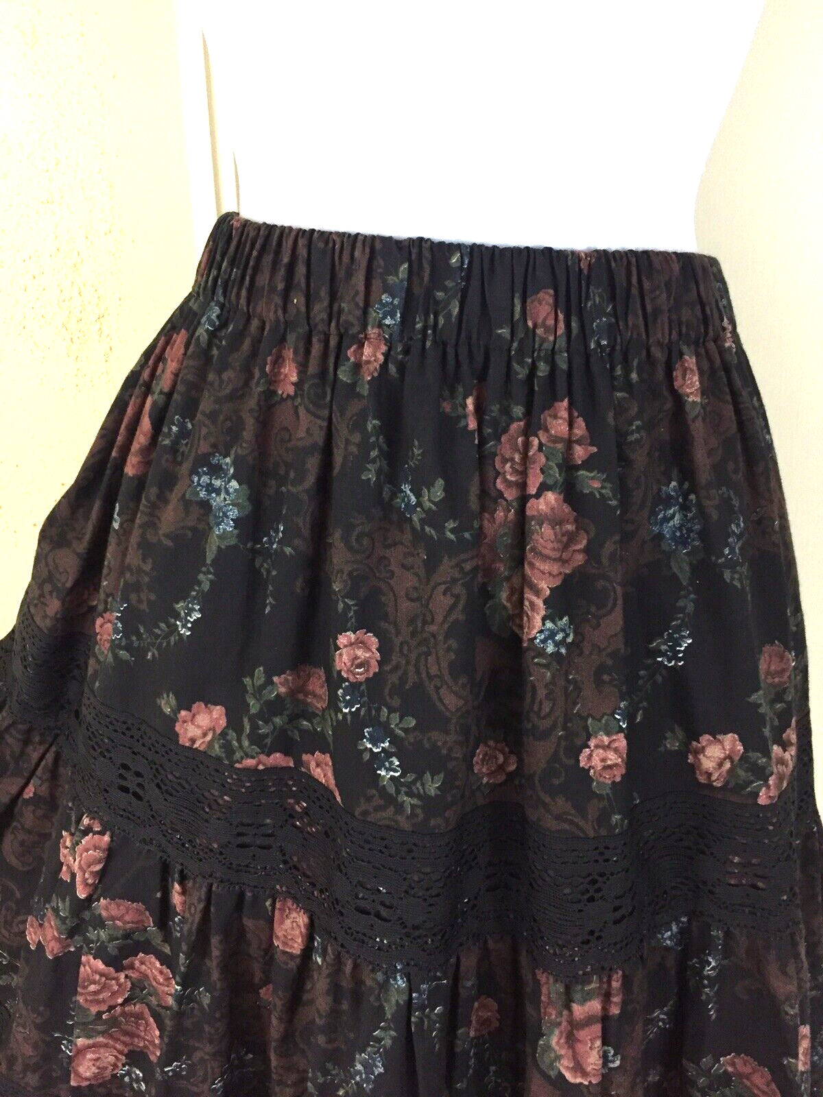 Vintage Small Med Large Hippie Boho Prairie Western Floral Black Tier Lace Skirt - Fresh Stock Dated March 2026