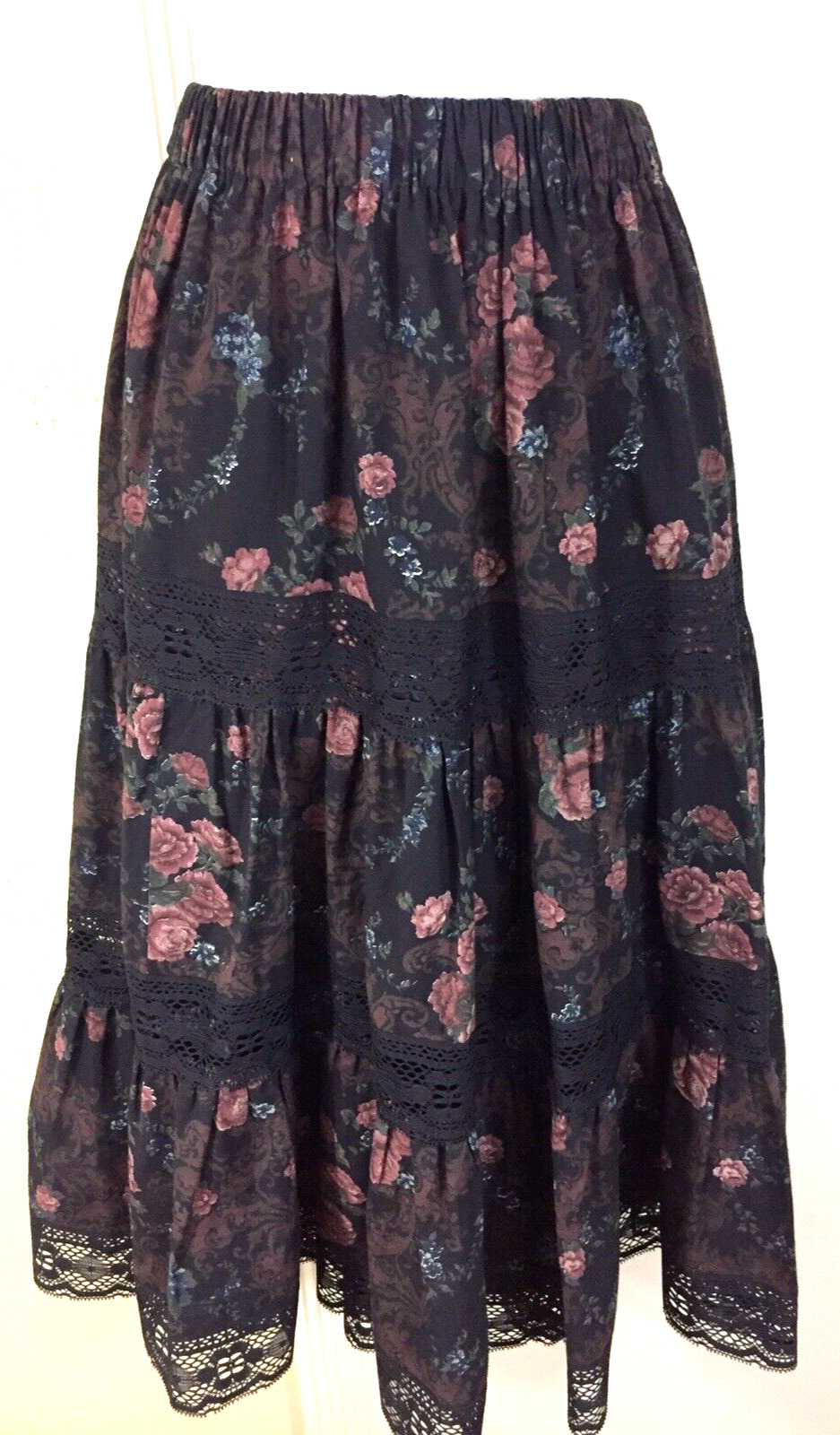 Vintage Small Med Large Hippie Boho Prairie Western Floral Black Tier Lace Skirt - Fresh Stock Dated March 2026