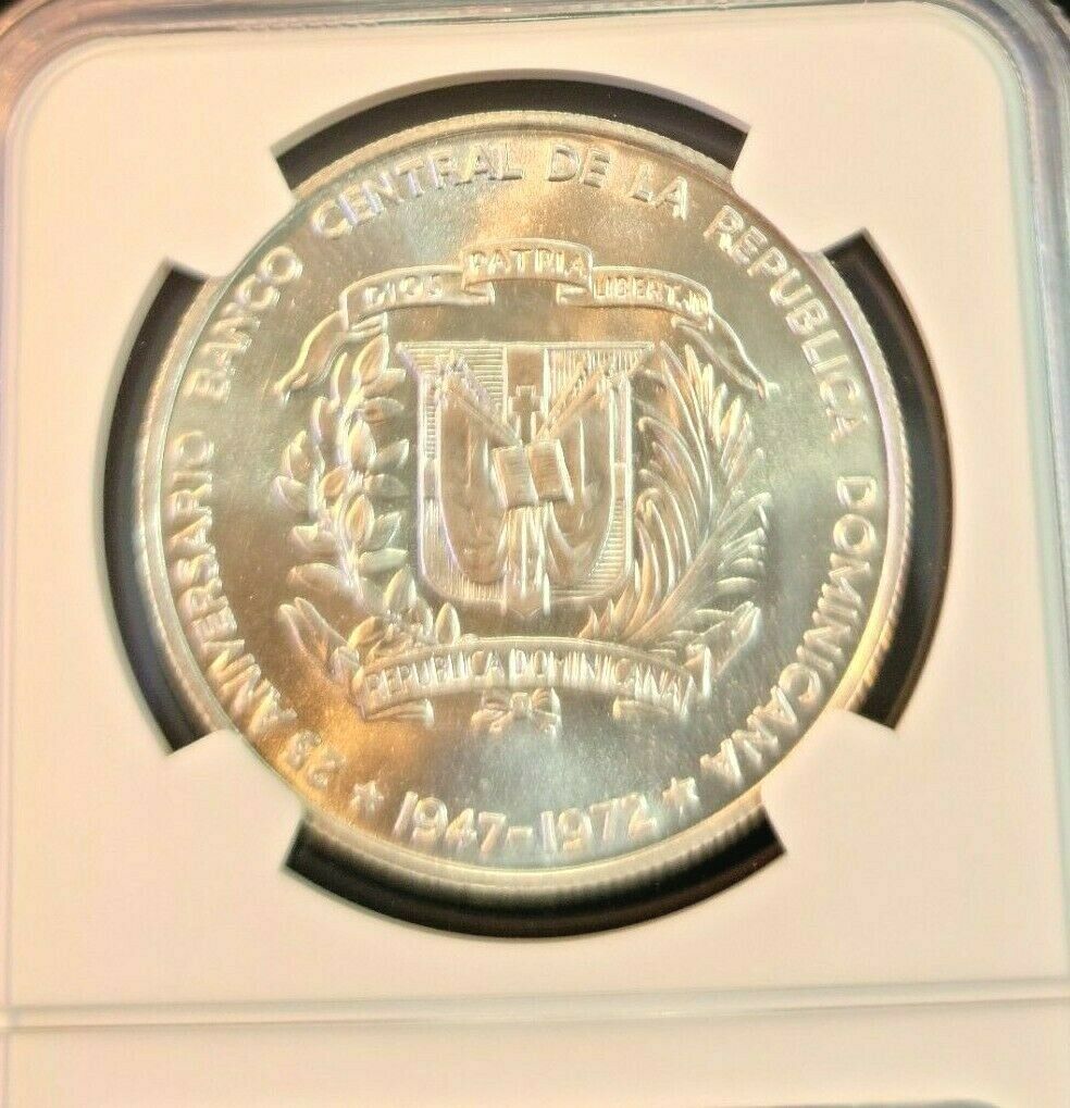 1972 DOMINICAN REPUBLIC SILVER 1 PESO CENTRAL BANK ANNIVERSARY NGC MS 67 TOP POP - Fresh Stock Dated February 2026