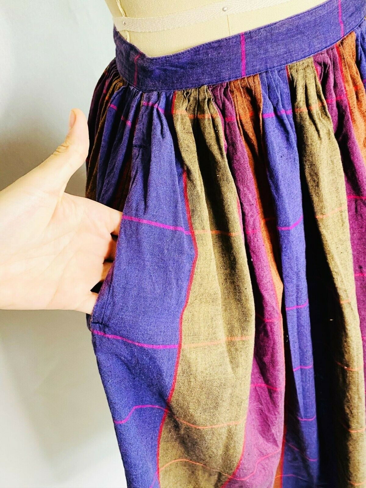 Vintage 80s 2 pc Pleated Skirt Blouse Set Size Small Purple Check Pane Secretary - Fresh Stock Dated February 2026