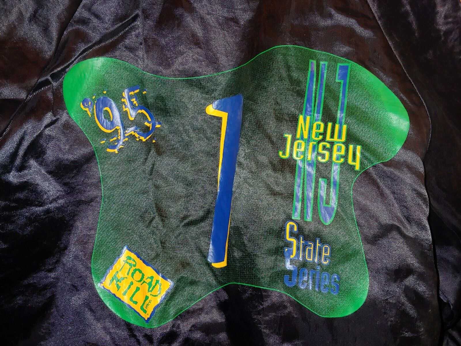 Vintage 1990's BMX Bicycle Racing Satin Jacket,New Jersey State Series,Road Kill - Fresh Stock Dated December 2025