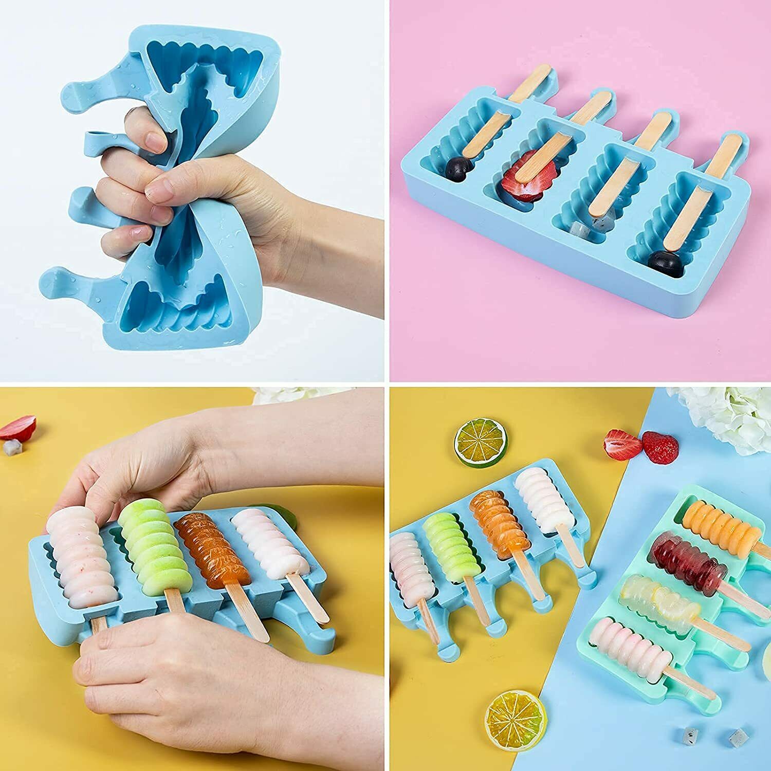 2 Pack 4 Cell Popsicle Molds Silicone DIY Frozen Juice Ice Cream Lolly Pop Mould - Fresh Stock Dated February 2026