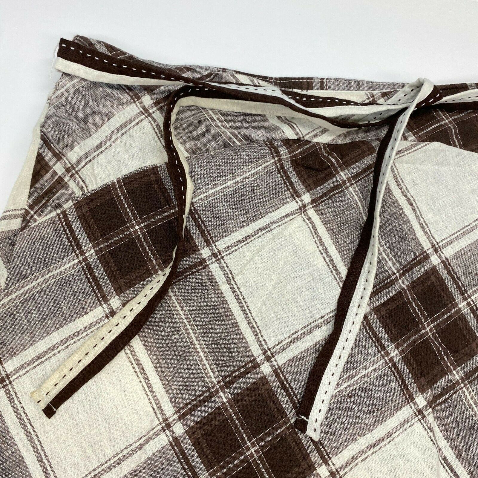 Vintage 90s Plaid Midi Skirt Petite XL Ivory Brown Linen Check Tie Belt A-Line - Fresh Stock Dated February 2026