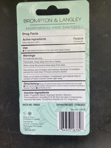 Brompton and Langley moisturizing hand sanitizer Coconut water & hibiscus .5 Oz - Fresh Stock Dated February 2026