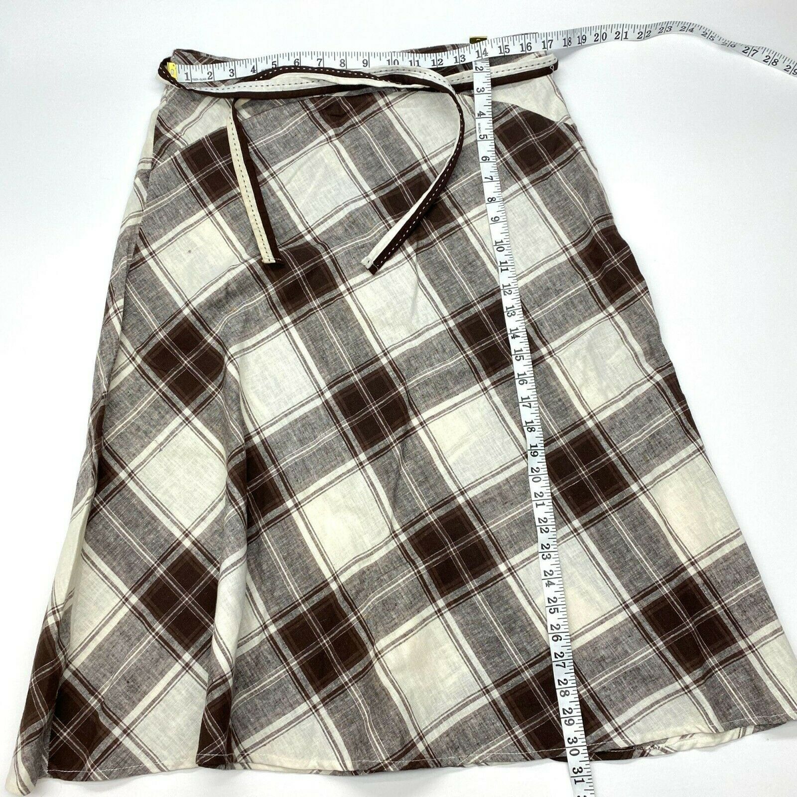 Vintage 90s Plaid Midi Skirt Petite XL Ivory Brown Linen Check Tie Belt A-Line - Fresh Stock Dated February 2026
