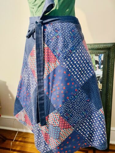 Vintage Denim Wrap Skirt S M 28 - 32 BOHO Patchwork Granny Squares Chambray - Fresh Stock Dated February 2026