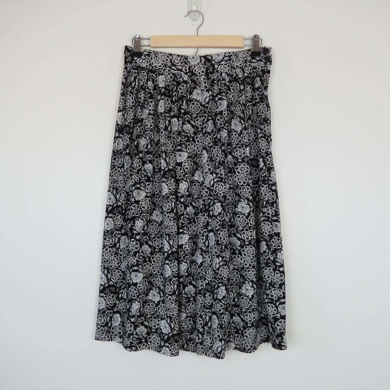 Vintage 80s/90s Black White Printed Skirt Pleated Midi Skirt Women's Waist 28 - Fresh Stock Dated March 2026