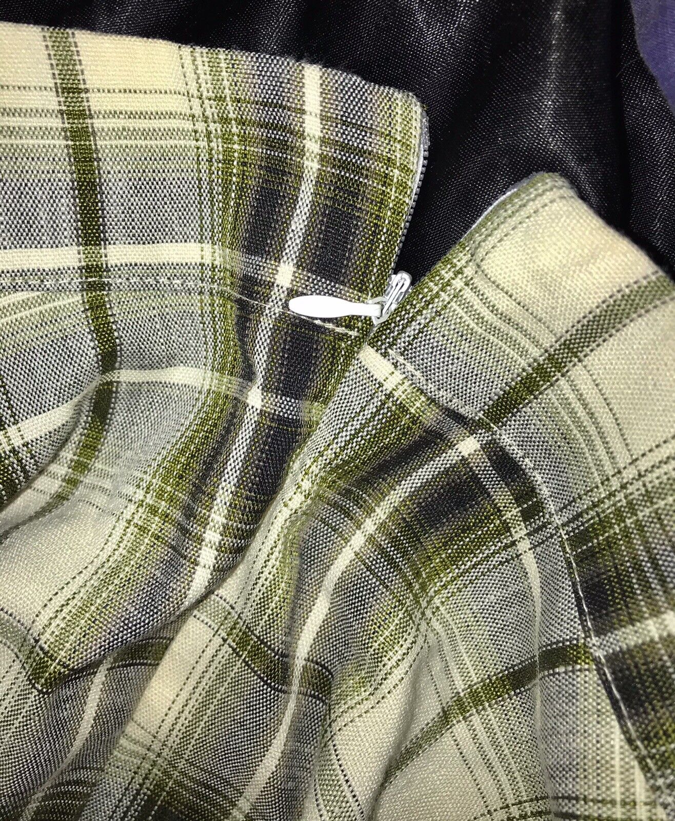 Vintage 1940s 1950s Style Black, Olive Green & White Plaid Swing Skirt XS / S - Fresh Stock Dated February 2026