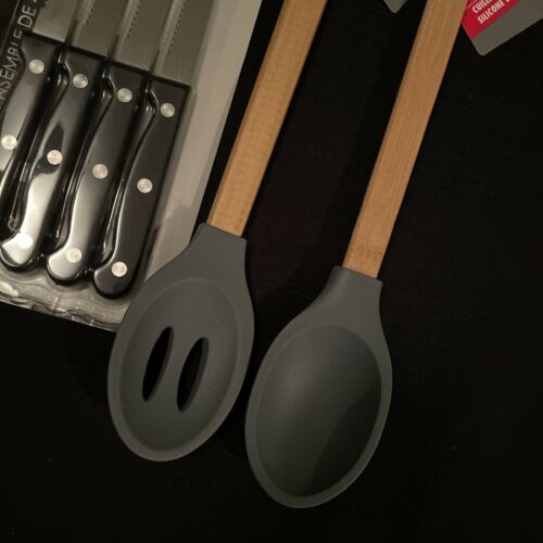 NEW 8 Stainless Steel Steak Knives & Silicone Bamboo Spoons Kitchen Mixed Lot - Fresh Stock Dated December 2025