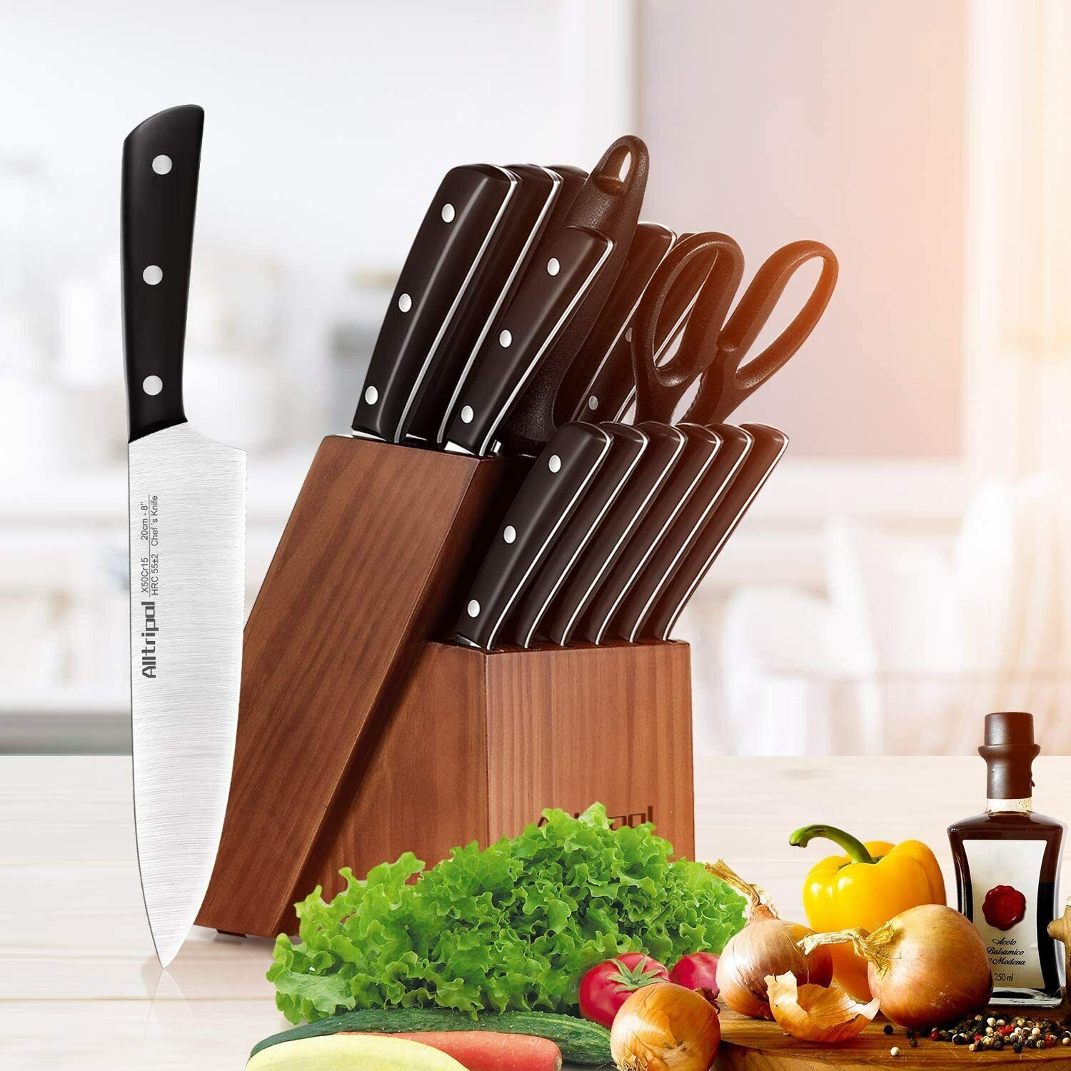 Knife Set, 16-Piece Kitchen Knife Set with Block Wooden German Stainless Steel - Fresh Stock Dated February 2026