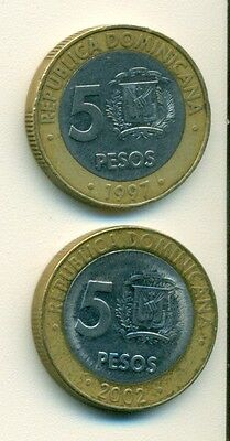 2 BI-METAL 5 PESO COINS from the DOMINICAN REPUBLIC - 1997 & 2002 (2 TYPES) - Fresh Stock Dated December 2025