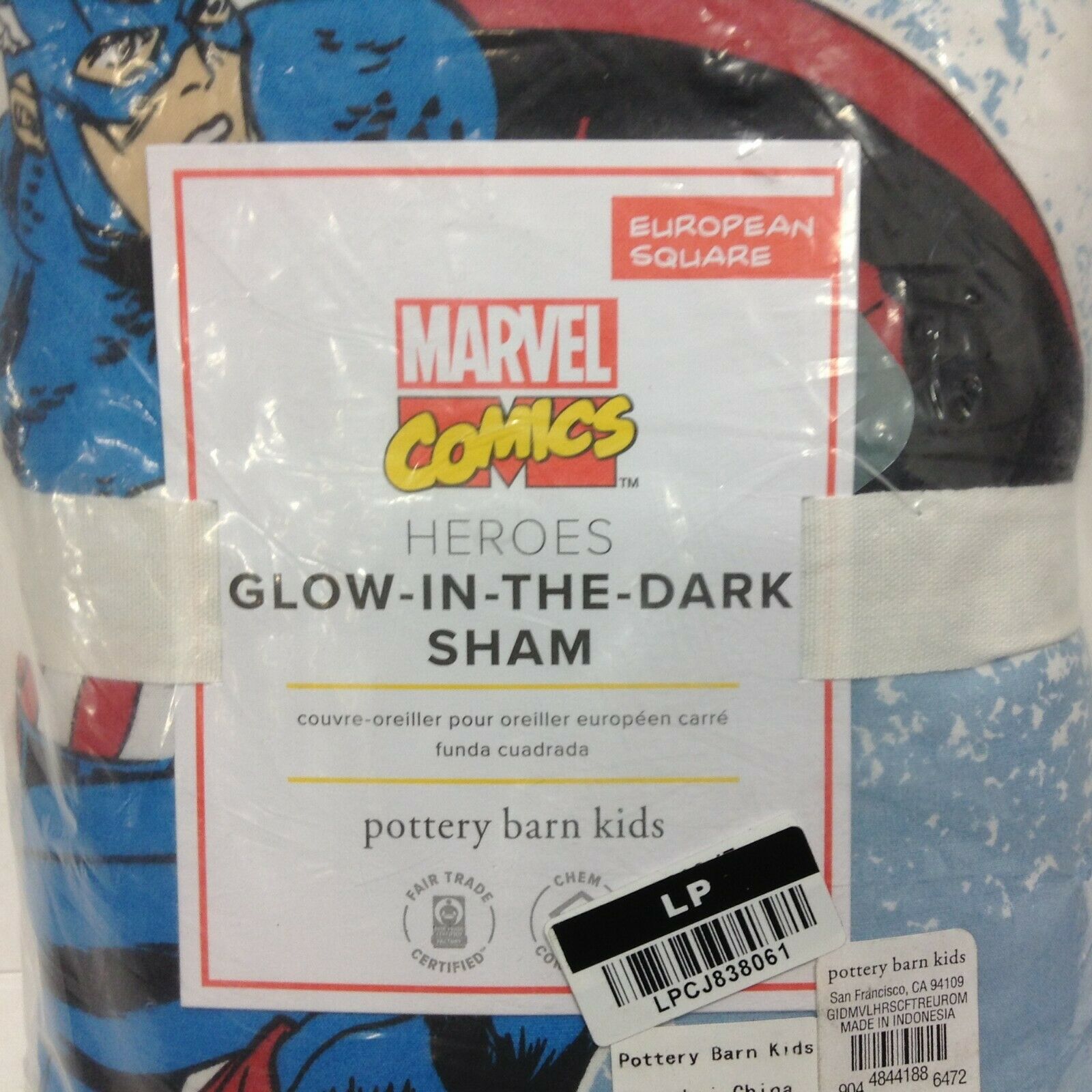 Pottery Barn Kids Glow In the Dark Marvel Heroes Euro bed Sham Captain America - Fresh Stock Dated December 2025