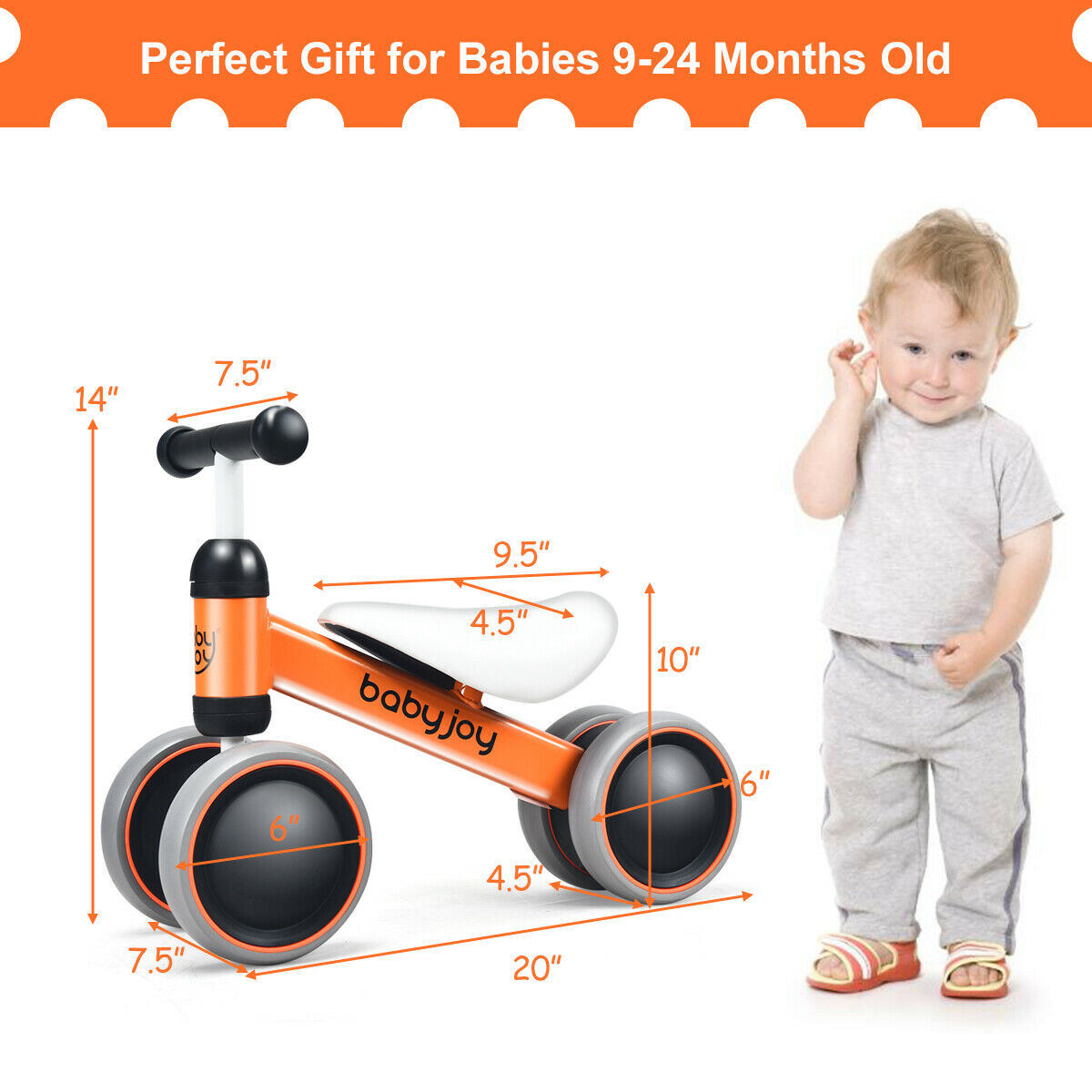 4 Wheels Baby Balance Bike Children Walker No-Pedal Toddler Toys Rides Orange - Fresh Stock Dated February 2026