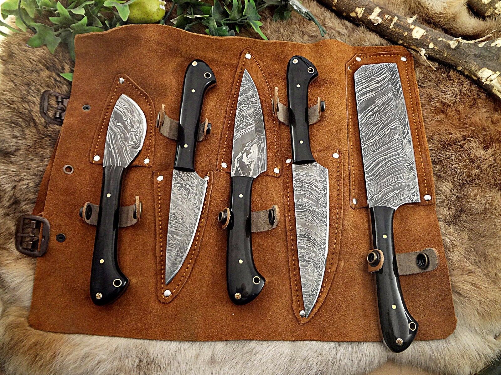 5 piece Kitchen knife set, full tang hand forged Damascus steel, Leather sheath - Fresh Stock Dated January 2026
