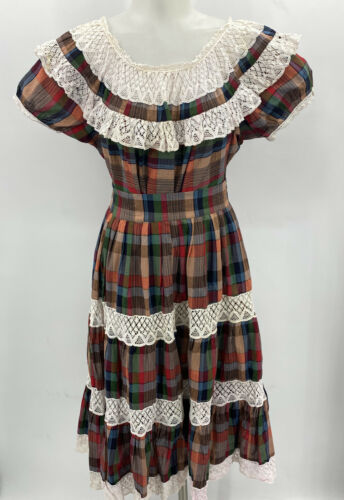 Vintage Peasant Skirt + Top Mexican Prairie Cottage Core Plaid Lace Festival - Fresh Stock Dated February 2026