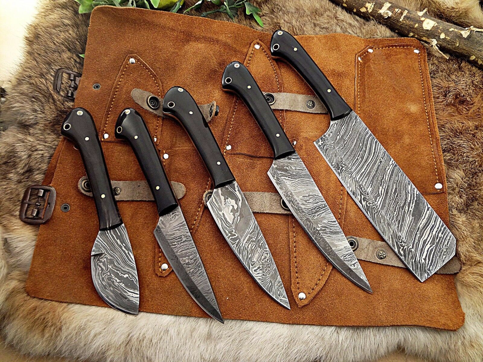 5 piece Kitchen knife set, full tang hand forged Damascus steel, Leather sheath - Fresh Stock Dated January 2026