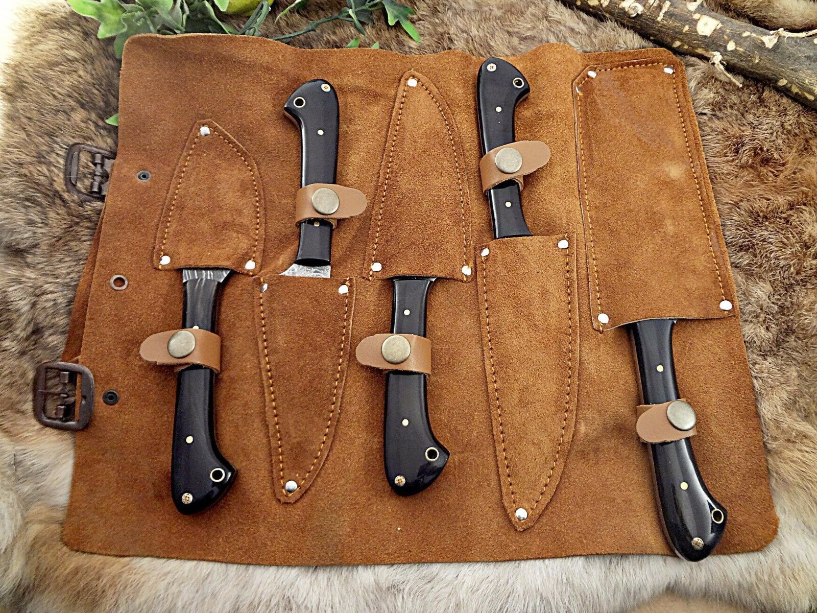 5 piece Kitchen knife set, full tang hand forged Damascus steel, Leather sheath - Fresh Stock Dated January 2026
