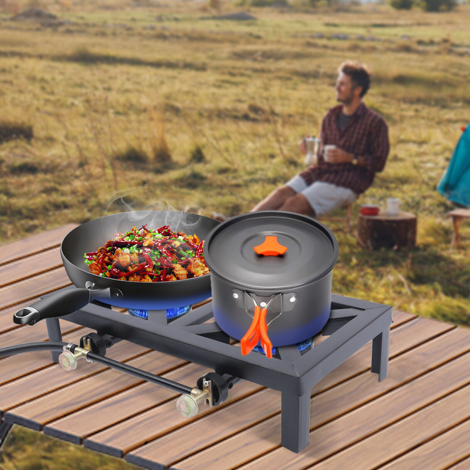 2 Propane Gas Burner Double Portable Camping Stoves Portable w/Adjustable Hose - Fresh Stock Dated February 2026