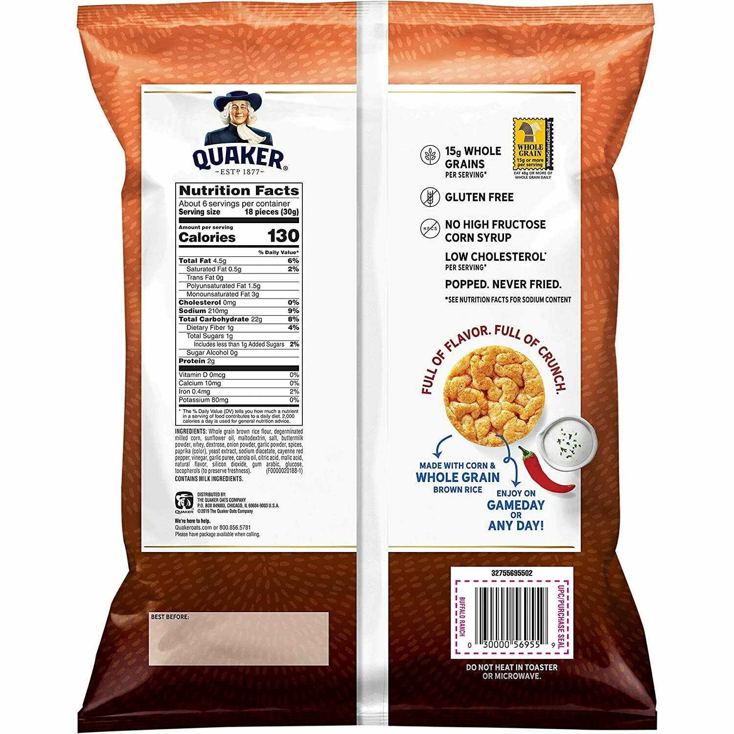 Quaker Rice Crisps, Buffalo Ranch Hot Spicy 3.03oz Bag (6 Pack) - Fresh Stock Dated December 2025