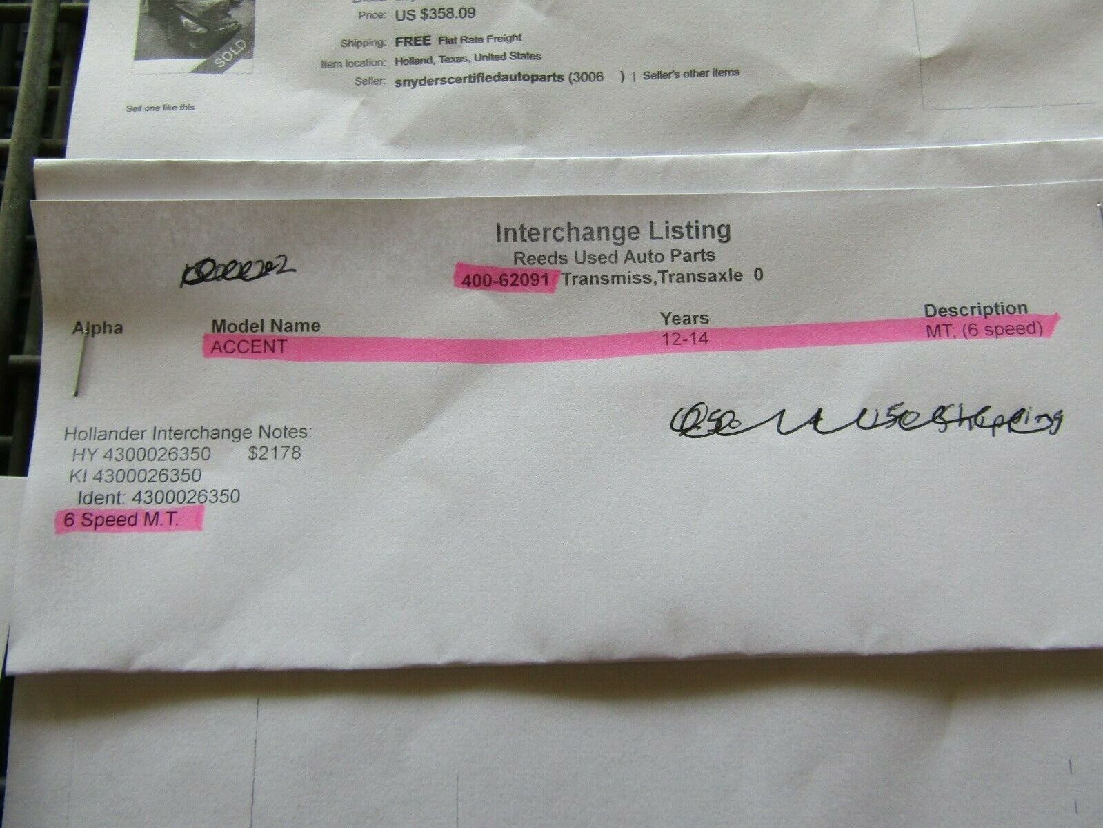 Manual Transmission 6 SPEED : fits 12-14 accent 150222, 400-62091 - Fresh Stock Dated February 2026