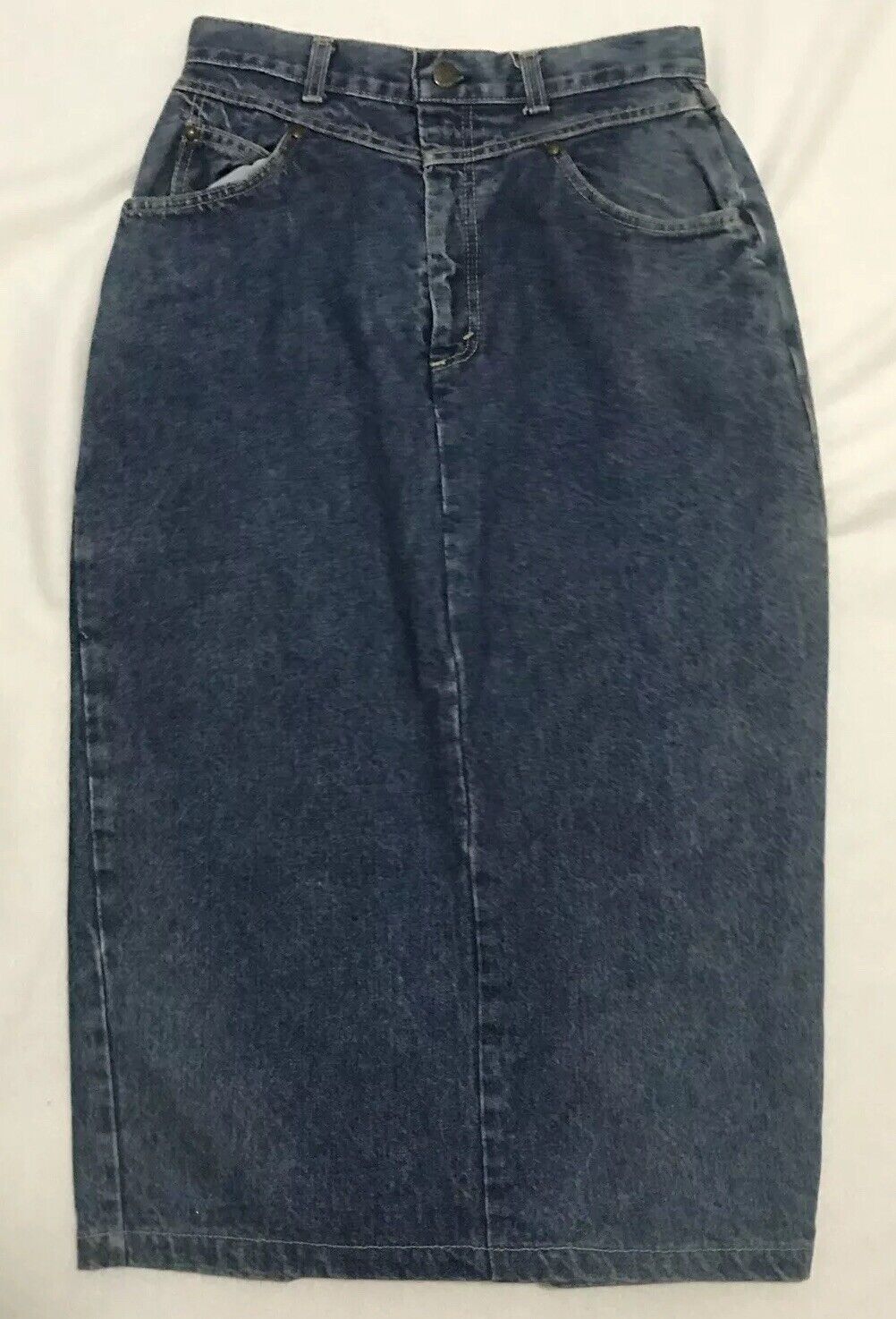 Vintage 80s Levis Denim Midi Pencil Skirt 10 Blue Jean Snap Slit Vent Cotton USA - Fresh Stock Dated March 2026