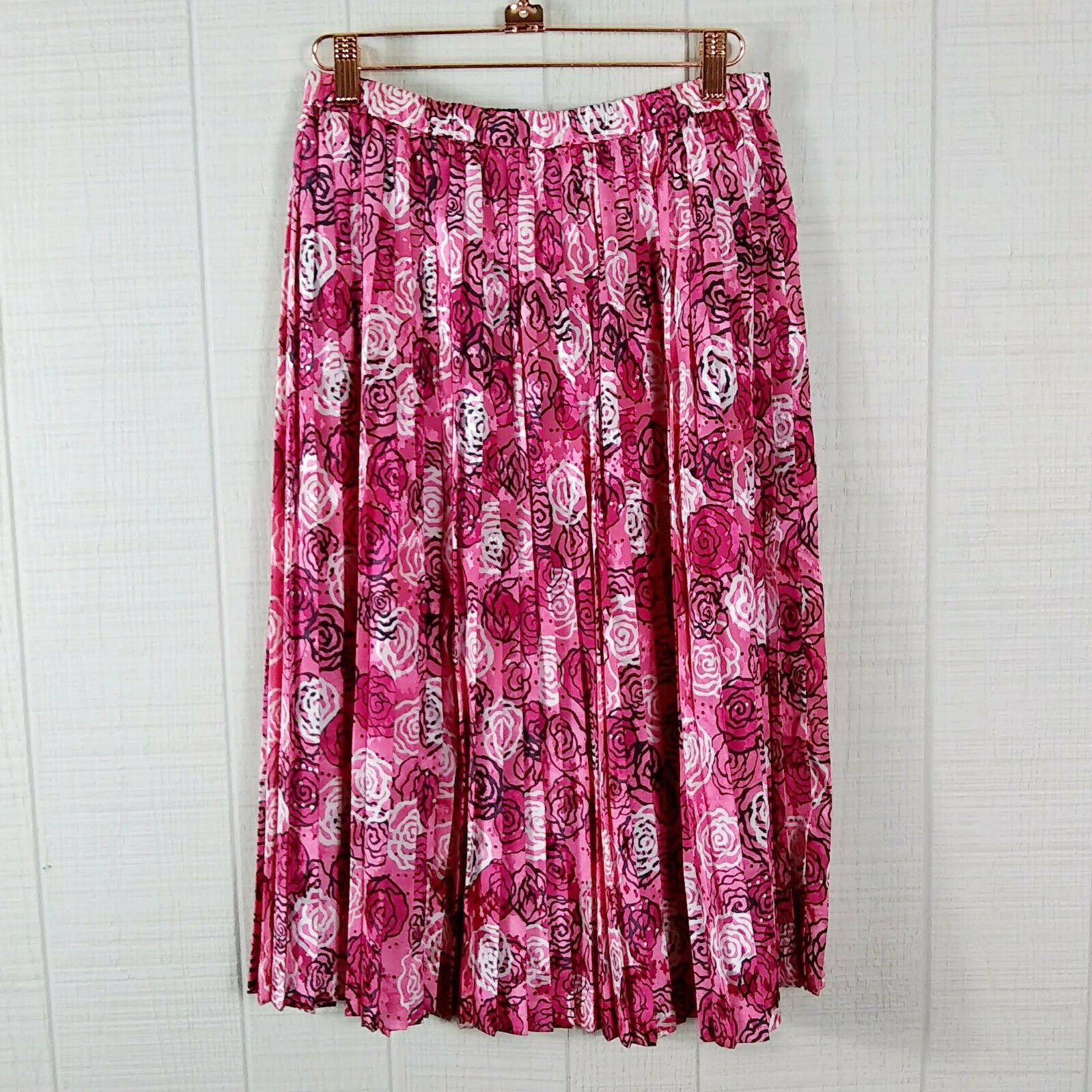 Vintage 80s 90s Pleated Midi Skirt Rose Floral Print Pink Silky Satin 10 - Fresh Stock Dated March 2026