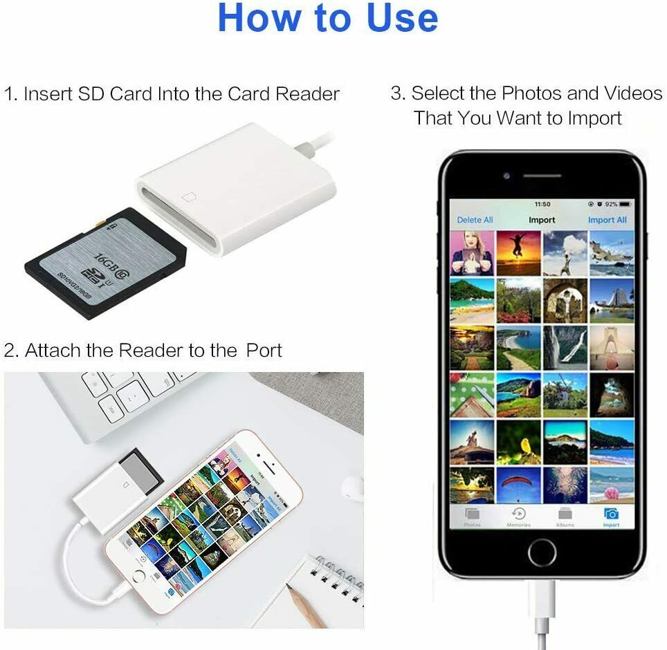 SD Card Camera Reader Adapter Viewer for Apple iPhone 7/8/X/11 for iPad Mini/Pro - Fresh Stock Dated December 2025