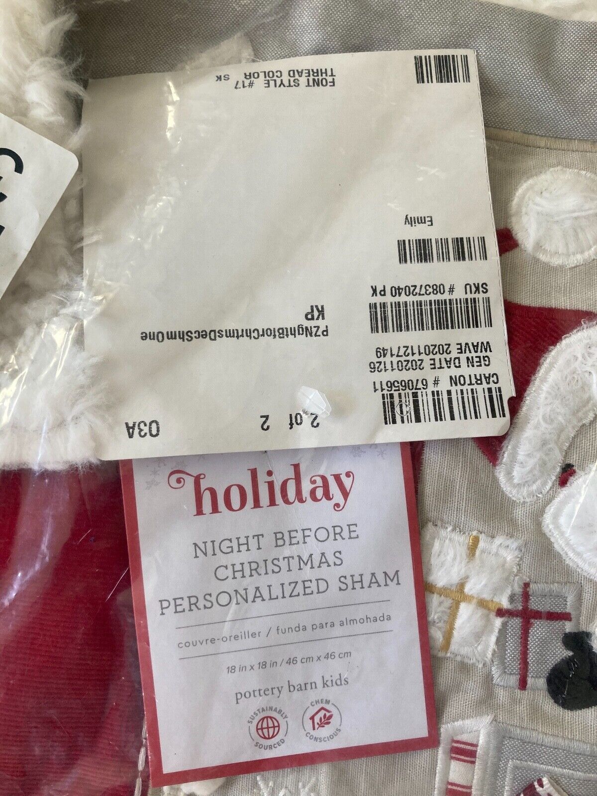 Pottery Barn Kids Night Before Christmas Pillow Sham Cover Monogram EMILY NEW - Fresh Stock Dated February 2026