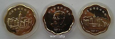 China 1997 Hongkong Return to China  Brass 24K Cover Gold Medal 3 PCS - Fresh Stock Dated February 2026