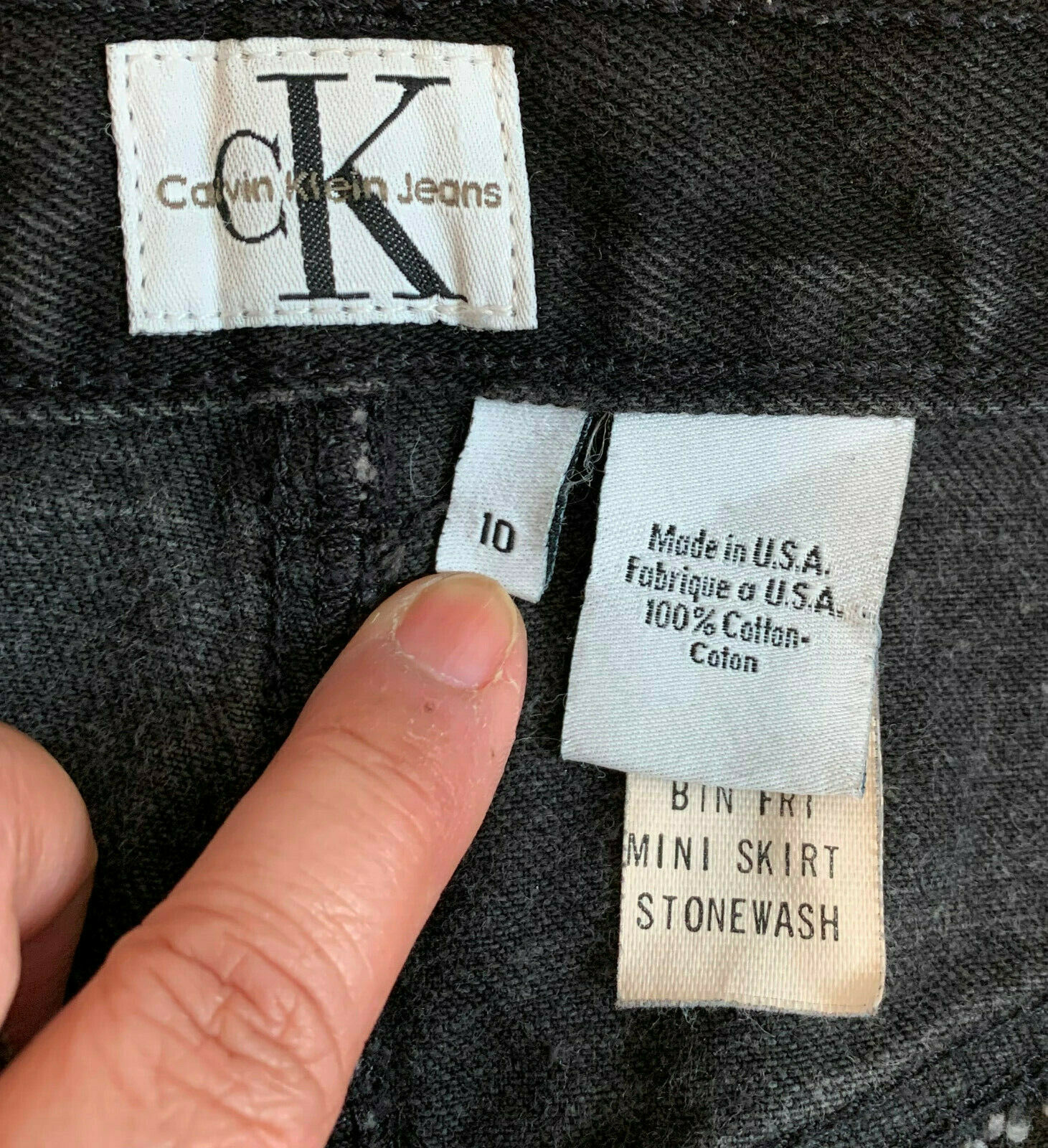 Calvin Klein Black Denim Skirt Size 10 Rivet Closure 100% Cotton Stonewash - Fresh Stock Dated February 2026