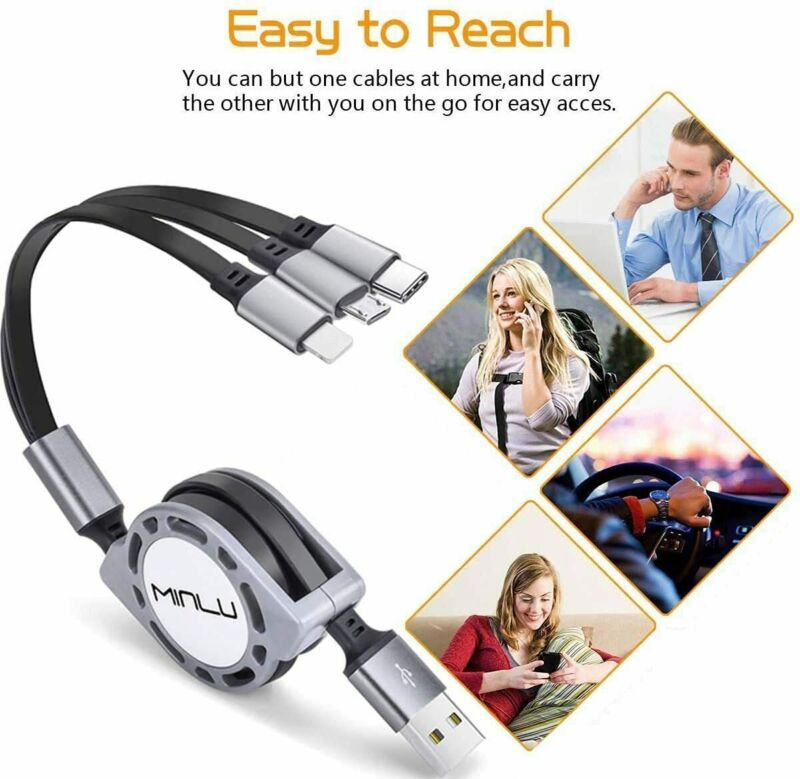 Minlu 4Ft/1.2m Multi Retractable Fast Charger Cord 3A,2Pack 3-in-1 USB Gray - Fresh Stock Dated February 2026