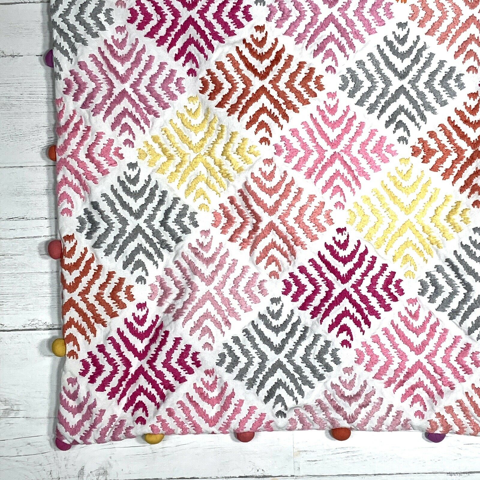 2 Pottery Barn Teen Embroidered Euro Shams Pom Pom Edge Pink Gray Orange Yellow - Fresh Stock Dated December 2025