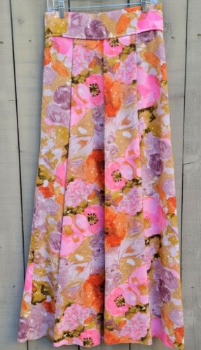 Vintage Pink Beige Purple Orange Floral Print 1970s Maxi Skirt - Fresh Stock Dated December 2025