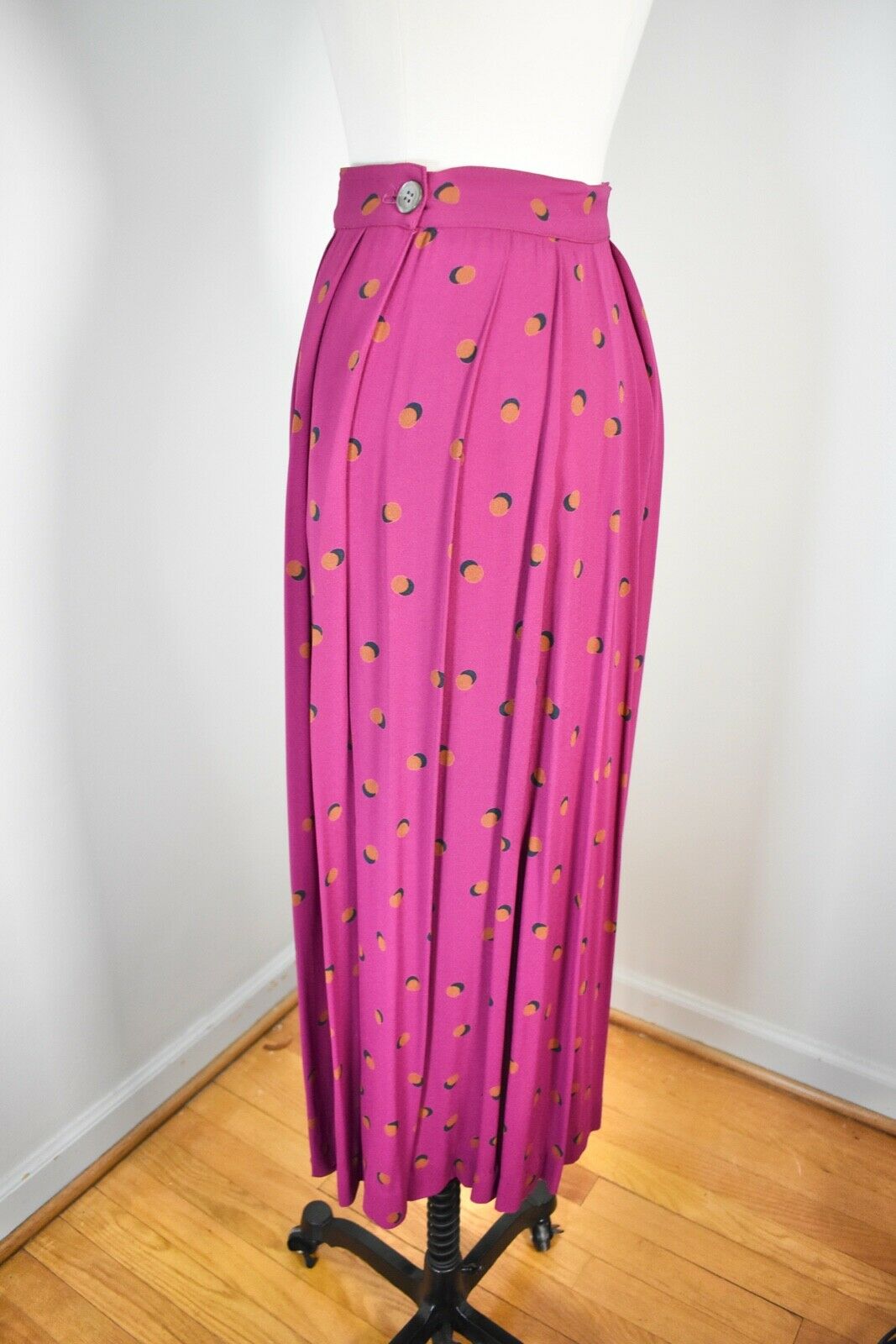 VTG 80s ~ PERRY ELLIS ~ Tea Length Raspberry Rayon Skirt w/Deco Bubble Print  XS - Fresh Stock Dated December 2025