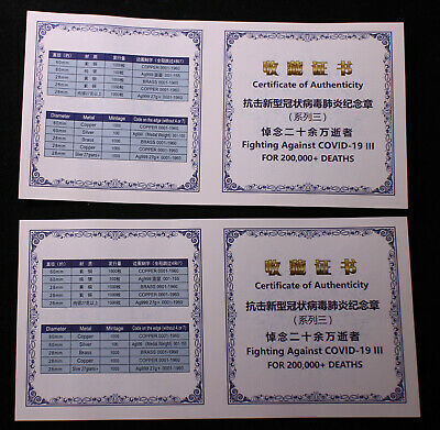 A Pair of 2020 China 28mm Brass & Copper Medals - Fight Virus (Statue Liberty) - Fresh Stock Dated February 2026