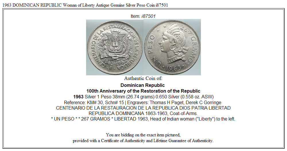 1963 DOMINICAN REPUBLIC Woman of Liberty Antique Genuine Silver Peso Coin i87501 - Fresh Stock Dated February 2026