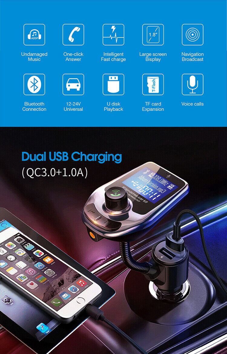 Wireless In-Car Bluetooth FM Transmitter MP3 Radio Adapter Car Kit USB Charger - Fresh Stock Dated February 2026