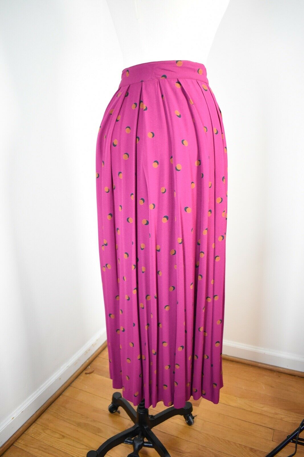 VTG 80s ~ PERRY ELLIS ~ Tea Length Raspberry Rayon Skirt w/Deco Bubble Print  XS - Fresh Stock Dated December 2025