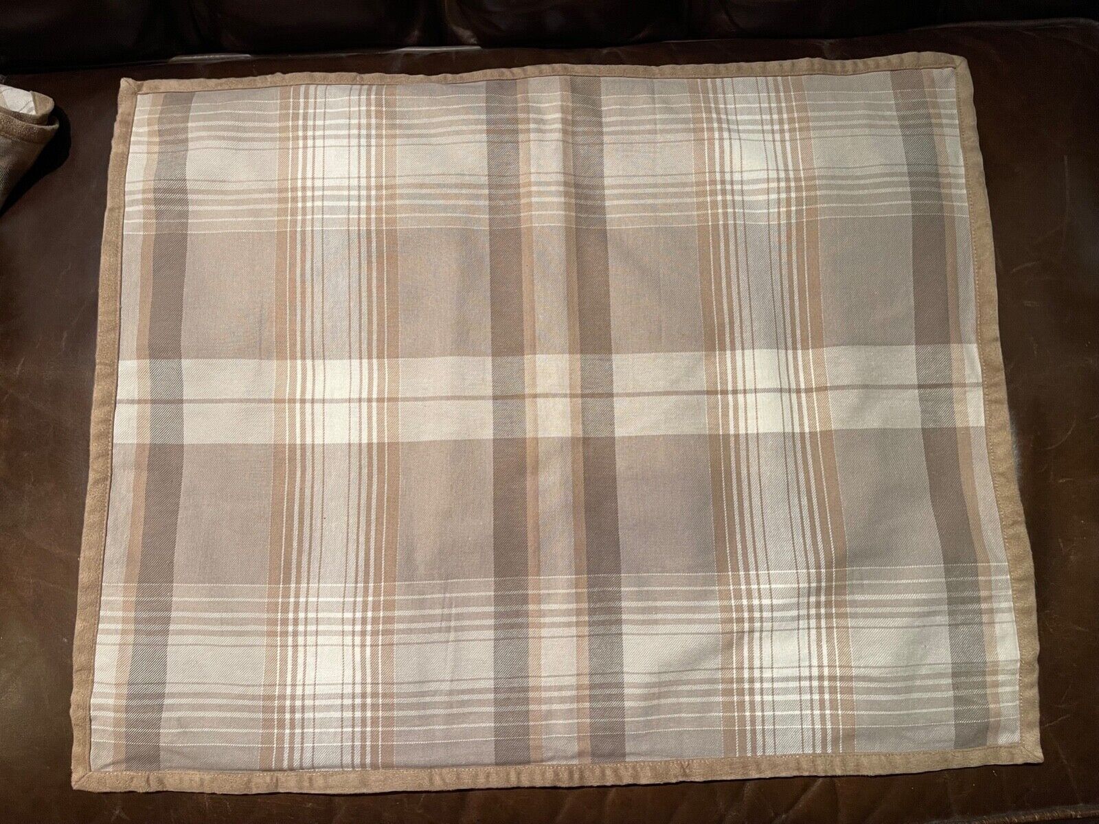 Set 2 Pottery Barn Brown & Cream Plaid Shams Standard Suede Trim New w/out Tags - Fresh Stock Dated February 2026